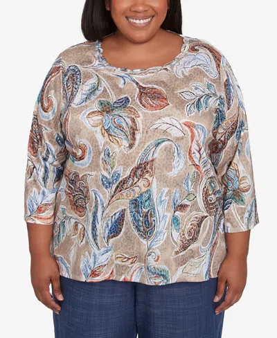 Alfred Dunner Plus Size Summer Solstice Twisted Crew Neck Paisley Top In Neutral