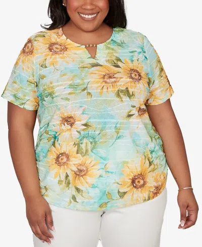 Alfred Dunner Plus Size Sunflower Split Neck Side Ruched T-shirt In Green