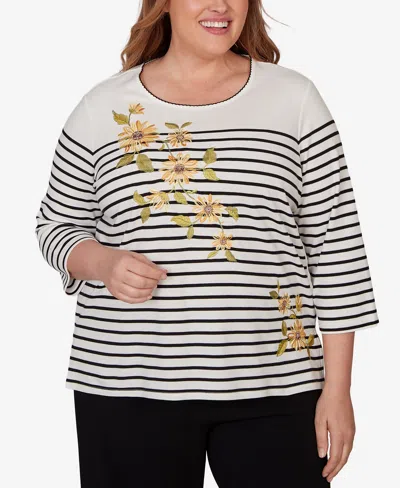 Alfred Dunner Plus Size Sunflower Stripe Knit Top In White