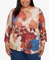 Alfred Dunner Plus Size Sunset Canyon Dramatic Abstract Floral Asymmetrical Top In Brown