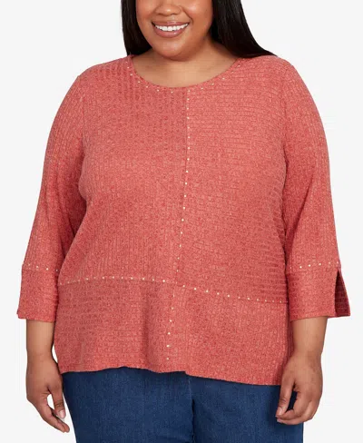 Alfred Dunner Plus Size Sunset Canyon Embellished Spliced Solid Top In Brown