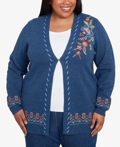Alfred Dunner Plus Size Sunset Canyon Embroidered Flower Long Sleeve Cardigan Sweater In Blue