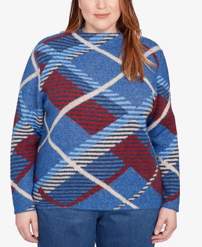 Alfred Dunner Plus Size Sunset Canyon Exploded Plaid Mock Neck Sweater In Blue