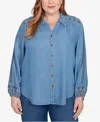 Alfred Dunner Plus Size Sunset Canyon Needlepoint Embroidered Button Front Top In Blue