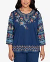 Alfred Dunner Plus Size Sunset Canyon Printed Sleeve Floral Embroidered Top In Blue