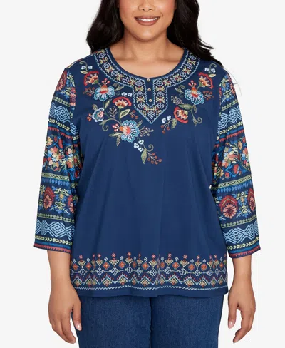 Alfred Dunner Plus Size Sunset Canyon Printed Sleeve Floral Embroidered Top In Blue