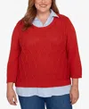 Alfred Dunner Plus Size Sunset Canyon Stitched Cable Stripe Woven Trim Sweater In Red