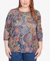 Alfred Dunner Plus Size Sunset Canyon Stitched Floral Pleated Neck Top In Animal Print
