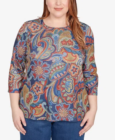 Alfred Dunner Plus Size Sunset Canyon Stitched Floral Pleated Neck Top In Animal Print