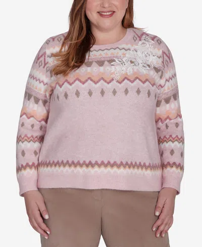 Alfred Dunner Plus Size Telluride Floral Embroidered Fair Isle Sweater In Light Rose