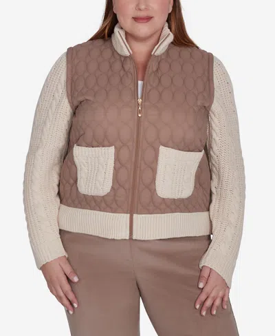Alfred Dunner Plus Size Telluride Sweater Trim Quilted Jacket In Fawn