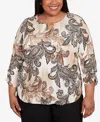 Alfred Dunner Plus Size Textured Paisley Ruched Sleeve Top In Brown