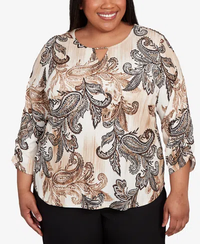 Alfred Dunner Plus Size Textured Paisley Ruched Sleeve Top In Brown