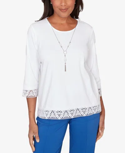 Alfred Dunner Plus Size The Royal Treatment Embellished Lace Trim Top With Necklace In White