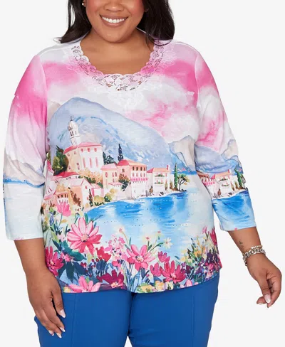 Alfred Dunner Plus Size The Royal Treatment Embellished Lake Como Scenic Top In Multi
