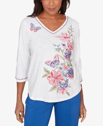 Alfred Dunner Plus Size The Royal Treatment Floral Butterfly Embroidered V-neck Top In White