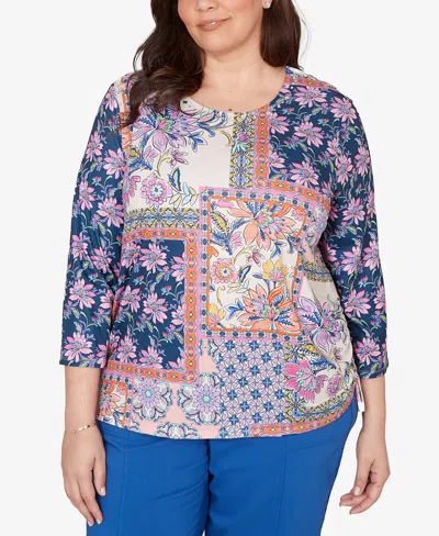 Alfred Dunner Plus Size The Royal Treatment Geometric Floral Tie Ruched Top In Multi
