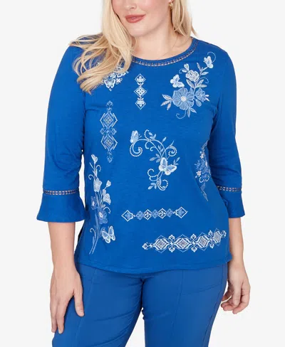 Alfred Dunner Plus Size The Royal Treatment Placed Floral Medallion Embroidered Top In Blue