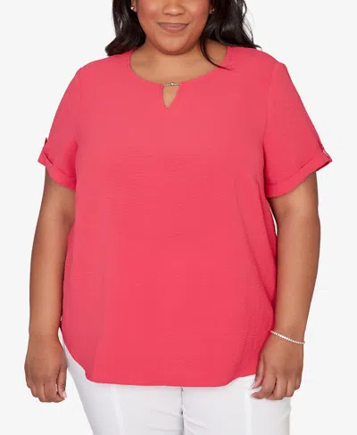 Alfred Dunner Plus Size The Royal Treatment Solid Rolled Short Sleeve Top In Pink