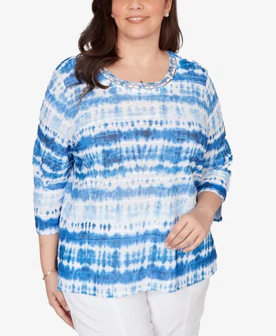 Alfred Dunner Plus Size The Royal Treatment Tie Dye Biadere Knotted Crew Neck Top In Blue