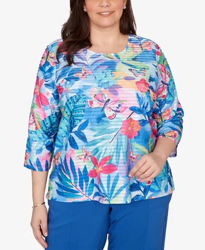 Alfred Dunner Plus Size The Royal Treatment Tropical Butterfly Ruffle Textured Top In Blue