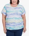 Alfred Dunner Plus Size Tied Short Sleeves Watercolor Top In Blue