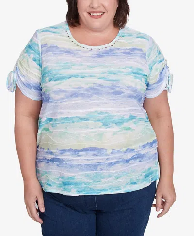Alfred Dunner Plus Size Tied Short Sleeves Watercolor Top In Blue