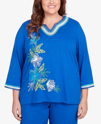 Alfred Dunner Plus Size Tradewinds Asymmetric Flower Crochet Trim Top In Cobalt Blue