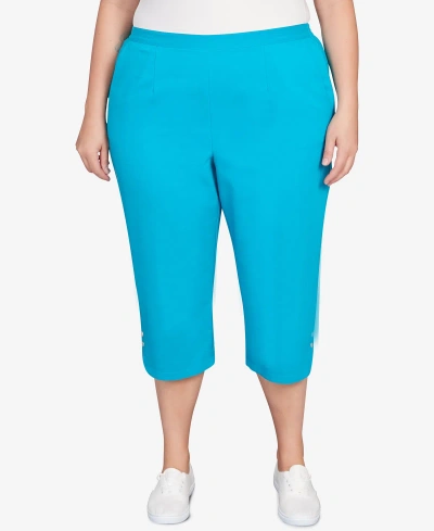 Alfred Dunner Plus Size Tradewinds Button Hem Capri Pants In Teal