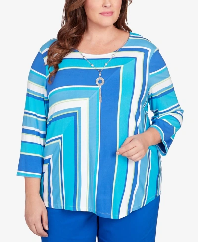 Alfred Dunner Plus Size Tradewinds Corners Striped Top With Necklace In Multi