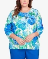 ALFRED DUNNER PLUS SIZE TRADEWINDS WATERCOLOR FLOWER PLEATED NECK TOP
