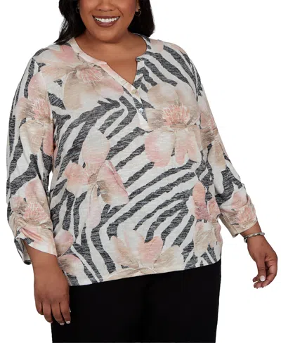 Alfred Dunner Plus Size Travel Advisory Animal Floral Henley Top In Multi