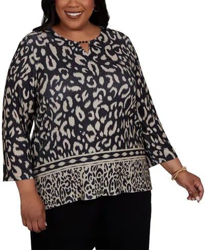 Alfred Dunner Plus Size Travel Advisory Animal Print Split Neck Knit Top In Black