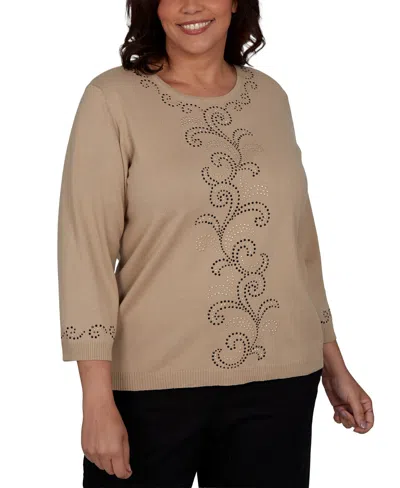 Alfred Dunner Plus Size Travel Advisory Beaded Scroll Embellished Sweater In Brown