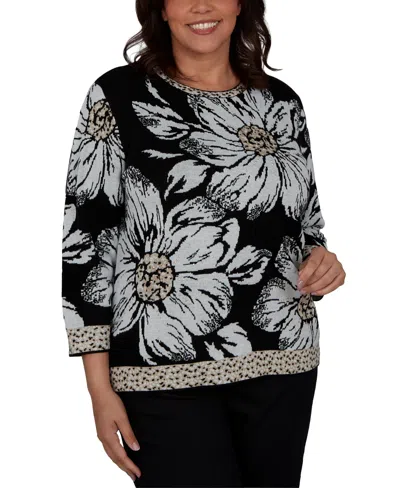 Alfred Dunner Plus Size Travel Advisory Dramatic Ink Floral Sweater In Black