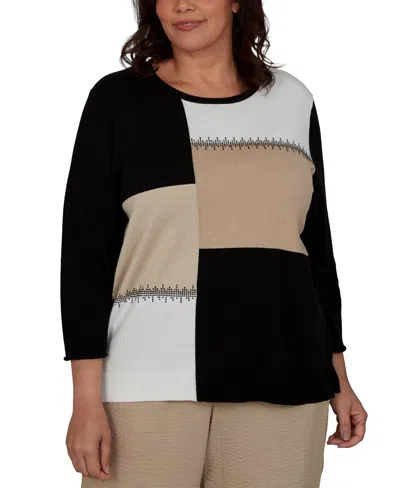 Alfred Dunner Plus Size Travel Advisory Neutral Colorblock Embellished Sweater In Black