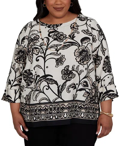Alfred Dunner Plus Size Travel Advisory Scroll Border Top With Necklace In White