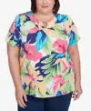 Alfred Dunner Plus Size Tropical Leaf Split Beaded Neck Top In Bright