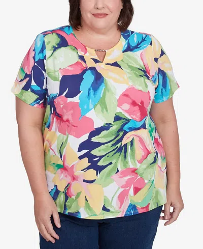 Alfred Dunner Plus Size Tropical Leaf Split Beaded Neck Top In Bright