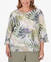 ALFRED DUNNER PLUS SIZE TUSCAN SUNSET CREW NECK TONAL LEAF TOP WITH TRIM