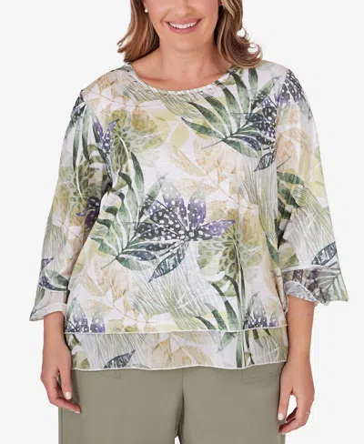 Alfred Dunner Plus Size Tuscan Sunset Crew Neck Tonal Leaf Top With Trim In Aloe
