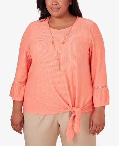 Alfred Dunner Plus Size Tuscan Sunset Solid Texture Top With Side Tie In Papaya