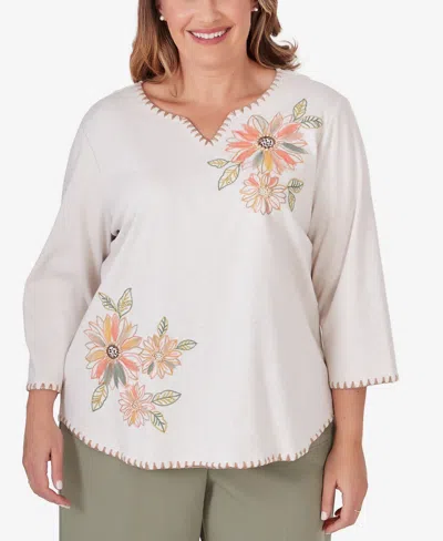 Alfred Dunner Plus Size Tuscan Sunset Sunset Embroidered Flower Top In Oatmeal