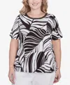 Alfred Dunner Plus Size Twisted Leaves Side Tie Top In Black,white