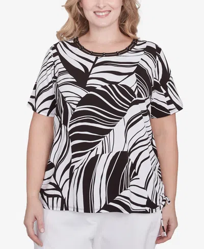 Alfred Dunner Plus Size Twisted Leaves Side Tie Top In Black,white