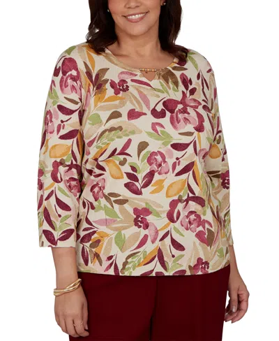 Alfred Dunner Plus Size Union Square Floral Painterly Print Shimmer Sweater In Multi