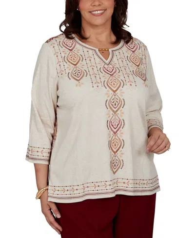 Alfred Dunner Plus Size Union Square Medallion Embroidered Printed Back Top In Neutral