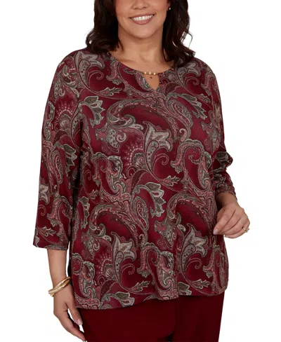 Alfred Dunner Plus Size Union Square Paisley Scroll Melange Knit Top In Burgundy
