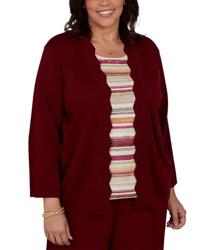 Alfred Dunner Plus Size Union Square Scalloped Cardi Two In One Striped Sweater In Red