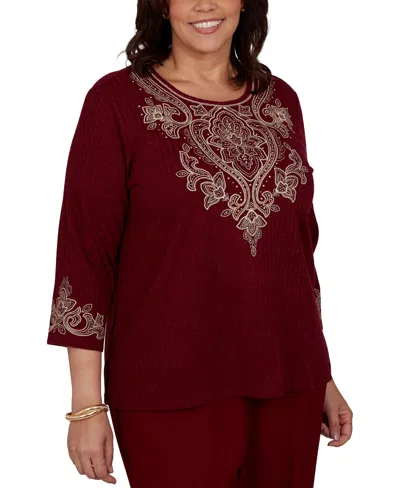 Alfred Dunner Plus Size Union Square Scroll Embroidered Ribbed Knit Top In Red